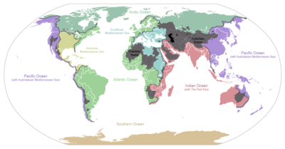 The drainage basins of the principal oceans and seas of the world are marked by continental divides. The grey areas are endorheic basins that do not drain to the ocean. Ocean drainage.png