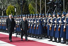 Ilham Aliyev and Nursultan Nazarbayev inspecting the guard of honour, 2017 in Baku. Official welcome ceremony was held for Kazakh President Nursultan Nazarbayev 9.jpg