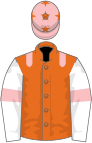 Orange, pink epaulets, white sleeves, pink armlets, pink cap, orange stars