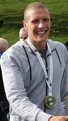 Pal Joensen after coming back home to his hometown Vagur after winning a silver medal at the 2010 European Aquatics Championships Pal Joensen a Faroese Silver Medal Winner at The European Swimming Championships 2010.jpg