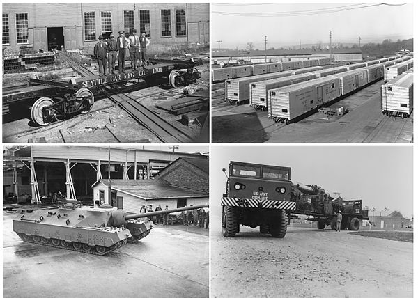 PACCAR's history in the 1900s. Clockwise from top: Seattle Car Mfg in 1909, Pacific Car & Foundry's Railroad car in 1950, Kenworth T-10 truck and T28 