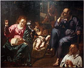 Die heilige Familie mit der Nadelarbeit („Santa famiglia del cucito“), mit dem kleinen Johannes d. Täufer und dem Stifter, Museo Diocesano, Lecce
