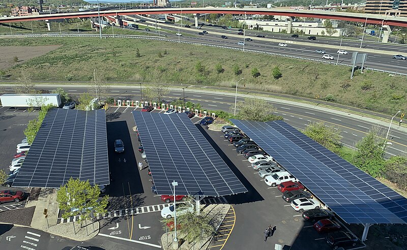 Side view of cable-based solar PV parking canopy European countries