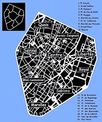 Map of Brussels' Pentagon and its districts (in French)