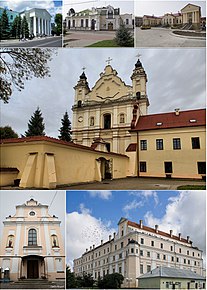 Sus:Universitatea de Stat Polessky, Teatrul Dramatic Paliessie, Palatul Butrymowicz, Centru:Catedrala Sfintei Fecioare Maria din Pinsk, Jos:Biserica Sfânta Varvara din Pinsk, Colegiul Iesuit din Pinsk (totul de la stânga la dreapta)