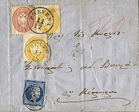 Type: N-G 1. On stamps of Austrian Italy Cancel. date: 11.12.1864. Destination: Corfu