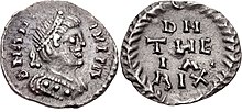 Quarter siliqua of Teia. Obverse text in Late Latin: D[OMINUS] N[OSTER] THEIA RIX [sic] ("Our lord Teia the King"). Quarter Siliqua of Theia, 552 AD.jpg
