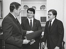 Ronald Reagan meeting with Jack Abramoff and Norquist in connection with the College Republican National Committee in 1981 Reagan, Abramoff, Norquist.jpg