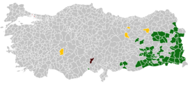 All districts where mayors have been removed from office between 2014 and 2019

.mw-parser-output .legend{page-break-inside:avoid;break-inside:avoid-column}.mw-parser-output .legend-color{display:inline-block;min-width:1.25em;height:1.25em;line-height:1.25;margin:1px 0;text-align:center;border:1px solid black;background-color:transparent;color:black}.mw-parser-output .legend-text{}
DBP (92) - PKK terrorism charges

AK Party (4) - FETO terrorism charges

CHP (2) - Corruption charges

MHP (1) - FETO terrorism charges Removed mayors of Turkey, 2014-2019.png