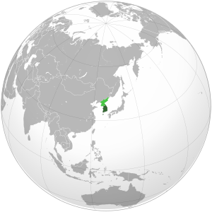 Република Кореја на мапата. Светло зелената означува територија на Северна Кореја, за која Република Кореја тврди