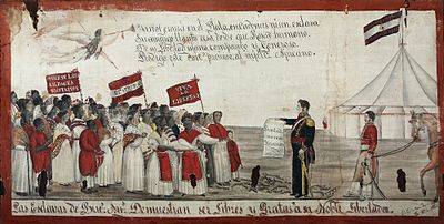 "The slaves of Buenos Aires praising their noble liberator." In fact, de Rosas revived the slave trade and owned slaves himself.
