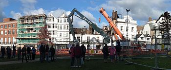 The hotel and adjoining buildings after the 2016 fire Royal Clarence Hotel after fire.jpg