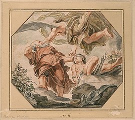 The sacrifice of Abraham: An angel restrains Abraham from sacrificing Isaac (Genesis 22:10-12)