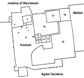 The so-called "Portuguese Plan" illustrating the Kasbah in 1585. The Kasbah Mosque is visible to the upper left, the Grand Mechouar to the lower left, the Badi Palace near the upper right, and extensive gardens along the right (eastern) side.[1]