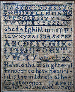 Cross-stitch alphabet sampler worked by Elizabeth Laidman, 1760 Sampler by Elizabeth Laidman, 1760.jpg