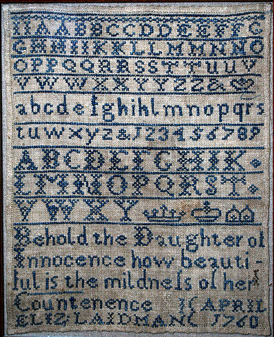 Cross stitch sampler with alphabets, crowns, and coronets, 1760