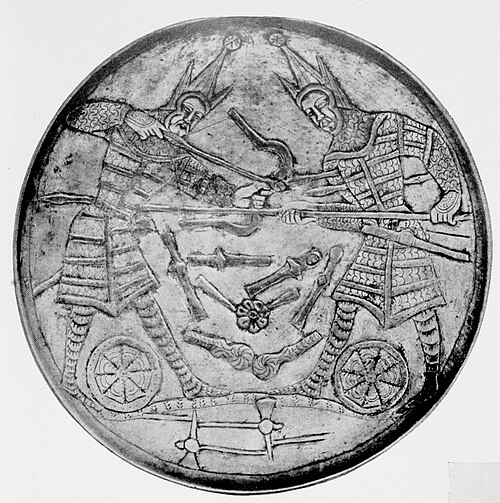 The Kulagysh plate depicting a heroic scene of a single combat that leads to the death of both fighters. Sogdian art from late Sasanian period. Hermit