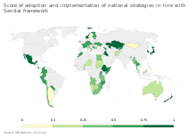 This indicator identifies countries who have and have not adopted and implemented disaster risk management strategies in line with the Sendai Framework for Disaster Risk Reduction. Score of adoption and implementation of national strategies in line with Sendai framework, OWID.svg