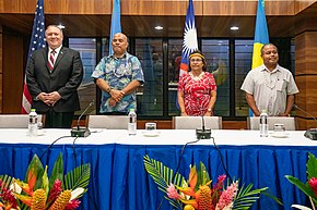 Representatives of the Compact states meeting in Kolonia, Micronesia, in August 2019. Left to right: U.S. Secretary of State Mike Pompeo, Micronesian President David Panuelo, Marshallese President Hilda Heine, and Palauan Vice President Raynold Oilouch Secretary Pompeo Holds Joint Press Availability in Kolonia (48464897742).jpg