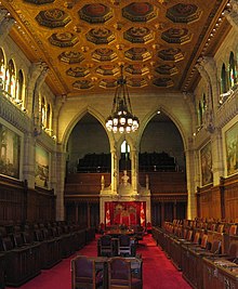 The Canadian Senate chamber, within the Centre Block on Parliament Hill. Senate of Canada.jpg