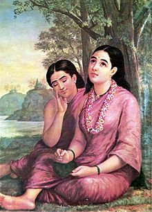 Shakuntala writes to Dushyanta. Painting by Raja Ravi Varma. The poetry was translated by Kerala Varma as Abhijnanasakuntalam Shakuntala RRV.jpg