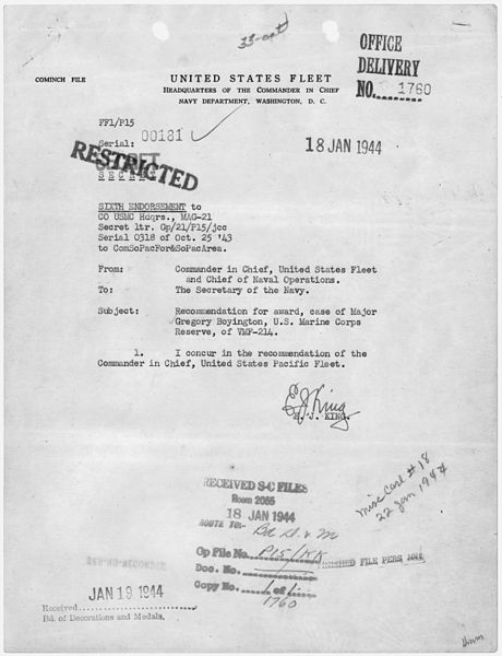 File:Sixth endorsement to the recommendation to award Boyington the Medal of Honor, signed by Admiral Ernest J. King... - NARA - 299731.jpg