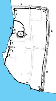 The defences of Southampton in the late medieval period. Key: A - castle keep; B - ditch; C - Southgate; D - Water gate; E - castle vaults; F - Catchcold tower; G - Arundel tower; H - Bar gate; I - Docks; J - York gate; K - Polnymond tower; L - East gate; M - Bridge gate; N - Spur; O - South gate; P - West gate; Q - Blue Anchor gate; R - Biddles Gate; S - King John's Palace; T - Norman House; U - Castle Eastgate. Southampton medieval plan.png