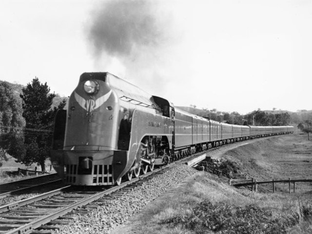 A streamlined S class locomotive hauling the Spirit of Progress near Kilmore East in 1937