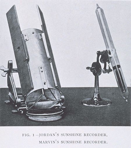 A Marvin sunshine recorder (right). The other instrument is a Jordan sunshine recorder. Sunshine recorders.jpg