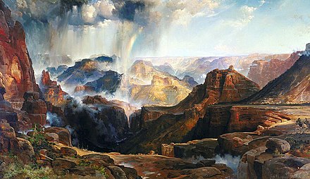 Holy Grail Temple is to the right in this famous painting by Thomas Moran.Chasm of the Colorado (1873–74), a large canvas measuring 7 feet high by 12 feet wide, hung prominently in the US Capitol for over a half-century.