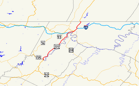 Mapo de Allegany Distrikto, Marilando montranta al majoro vojojn.
Usono 220 sekvas la longon de la distrikto de la Okcidenta Virginio ŝtatlimo ĉe McCoole al la Pensilvania ŝtatlimo norden de Kumbrio.
