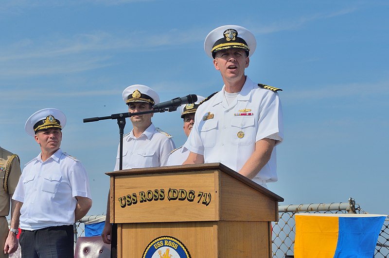 File:U.S. Navy Commodore James Aiken, at lectern, the commander of Destroyer Squadron 60 and the director of exercise Sea Breeze 2014, speaks during the opening ceremony for the exercise aboard the guided missile 140908-N-IY142-185.jpg