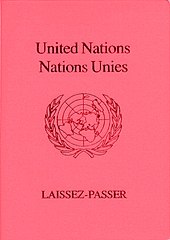 The front cover of a red machine-readable United Nations diplomatic laissez-passer