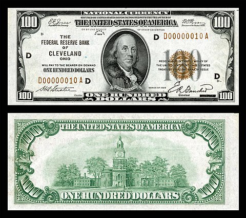 $100 Federal Reserve Bank Note (1929) depicting Benjamin Franklin. FRB Cleveland.