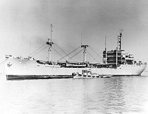 USS Arequipa (AF-31) arrives at San Francisco, California (USA), 31 May 1951, under tow (NH 96629).jpg
