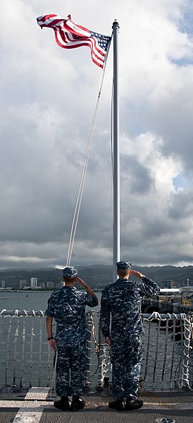 File:US Navy 111110-N-WX059-006 Sailors aboard the guided-missile destroyer USS Chafee (DDG 90) salute the flag during morning colors before they get un.jpg