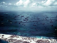 With Sorlen island in the foreground, Third Fleet vessels crowd the north anchorage at Ulitih in late 1944. Ulithi north anchorage and Sorlen Island.jpg