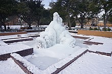 A frozen fountain on campus during the 2021 power crisis University of Texas at Arlington February 2021 09 (fountain).jpg