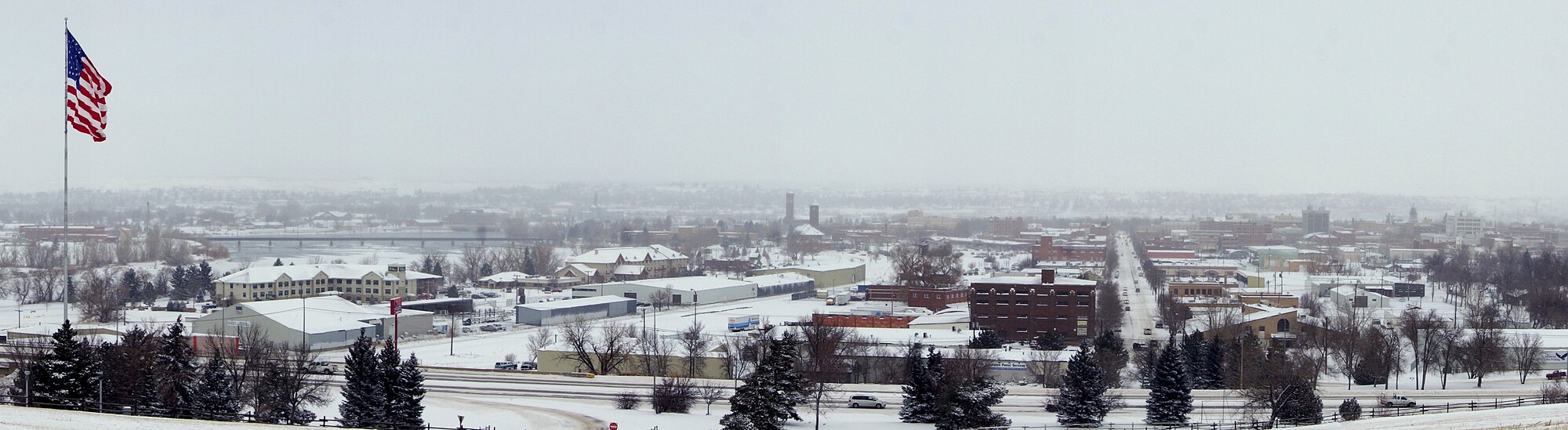 Great Falls in the winter. The Missouri river and Flag Hill are pictured leftmost with the downtown area to the right.