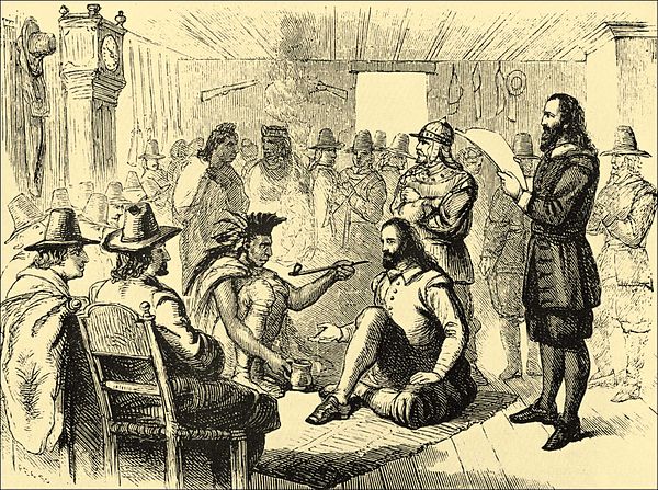 Massasoit smoking a ceremonial pipe with Governor John Carver in Plymouth, 1621