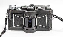 Front view of the Widelux showing the rotating lens cylinder Widelux F7 panoramic camera-front.jpg