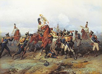Capture of a French regiment's eagle by the Russian Imperial Guard at the Battle of Austerlitz Willewalde - Czar's Guard capture 4th line regiment's standard at Austerlitz.jpg