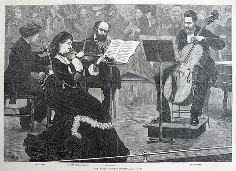 Wilma Neruda performing at the Monday Popular Concerts in St James’s Hall, London with Louis Ries, Ludwig Straus and Alfredo Piatti.
