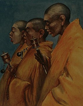 1905 illustration of monks with prayer wheels
