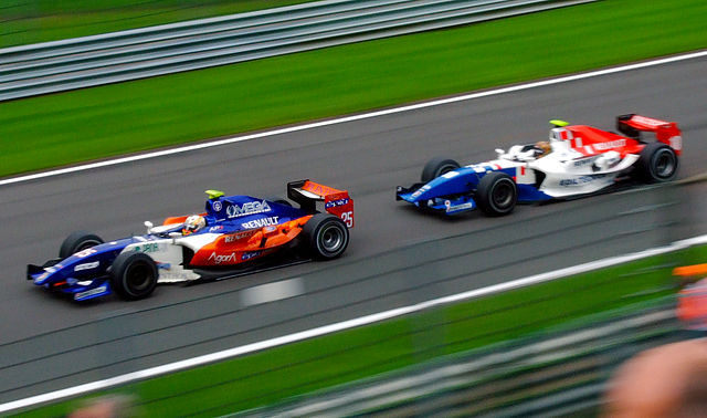 Trident driver Adrian Zaugg leads iSport's Davide Valsecchi at the Spa-Francorchamps round of the 2010 season.