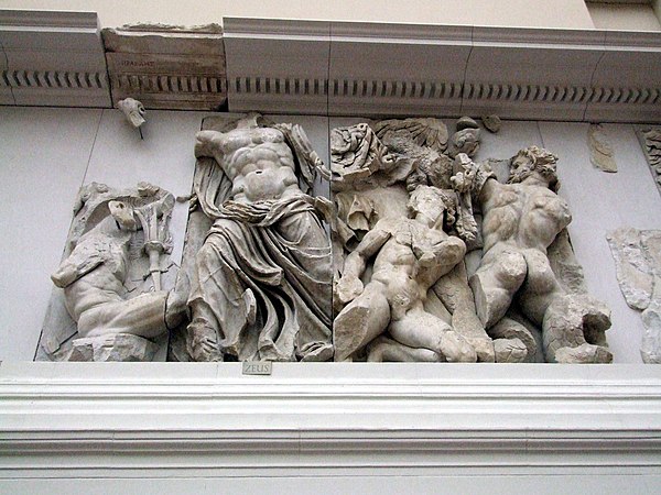 Zeus (centre-left) battles against Porphyrion (far-right), detail of the Gigantomachy frieze from the Pergamon Altar, Pergamon Museum, Berlin.