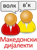 Logo of the Macedonian Dialects Project showing two people saying the word "wolf" in two different dialects