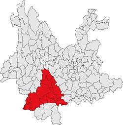 普洱市的地理位置（红色部分）