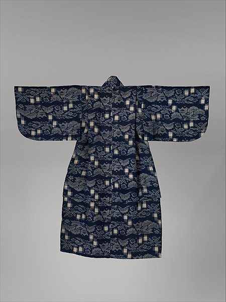 File:紺麻地松竹梅扇面模様子供用着物-Child's Kimono with Pine, Bamboo, Plum Blossoms, and Fans MET DP330784.jpg