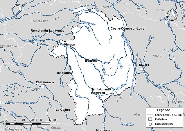 Carte des cours d'eau de longueur supérieure à 50 km du Cher.